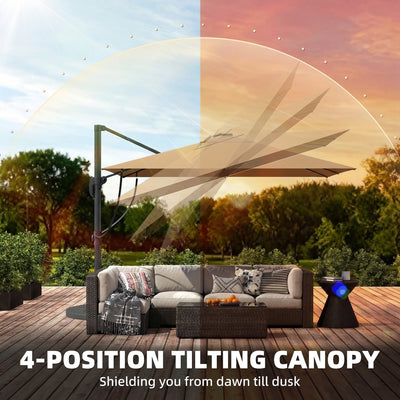 Outsunny 3 x 3 m Garden Cantilever Parasol with Light, Cover, Overhanging Umbrella w/ Wind Protection, 360° Rotation, Khaki 