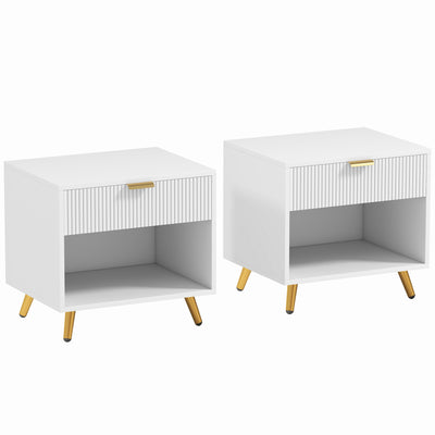 HOMCOM Bedside Tables Set of 2, Bedside Cabinets With Drawer and Open Compartment, Nightstands With Handle for Bedroom, Living Room, White 
