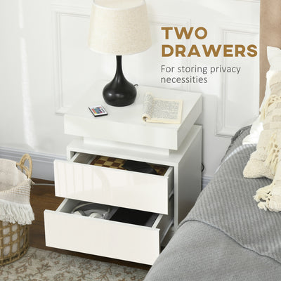 HOMCOM Set of 2 White Bedside Tables with LED Lights, High Gloss Front Nightstands with 4 Drawers 