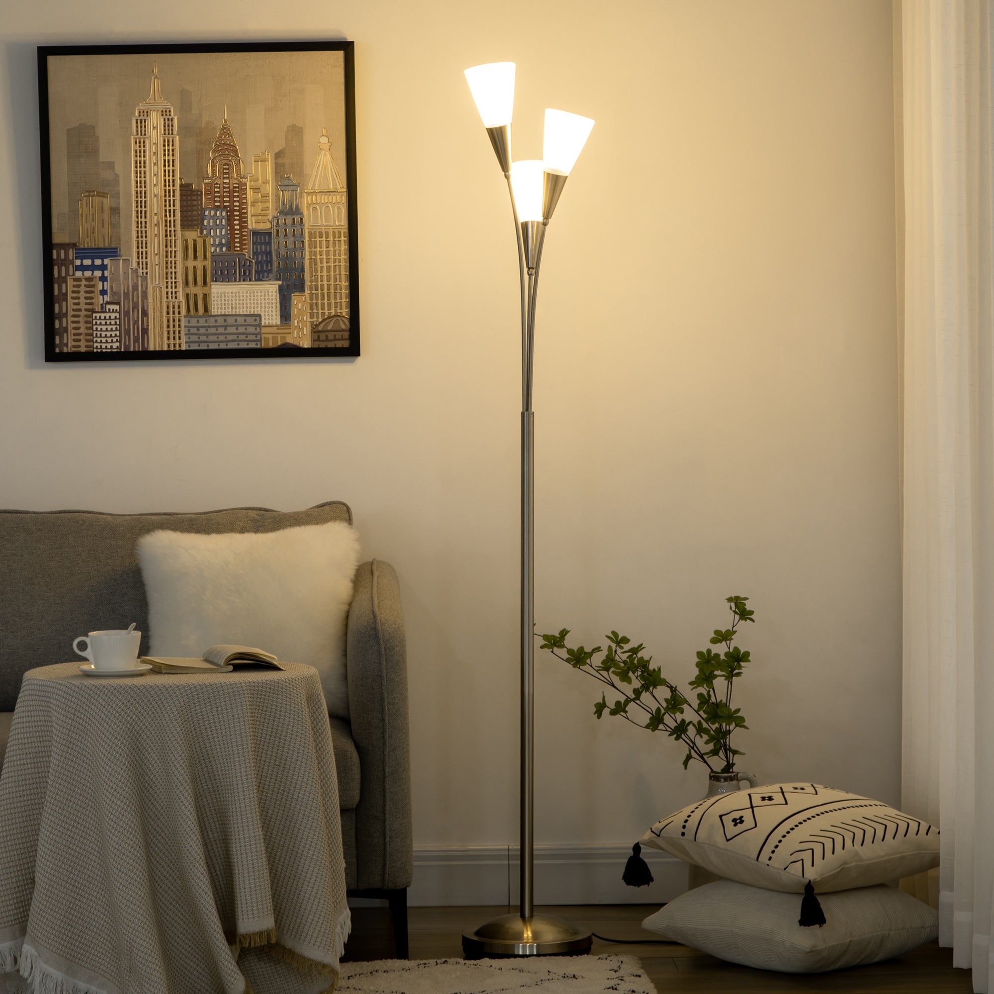 HOMCOM 3-Light Upright Floor Lamps for Living Room, Modern Standing Lamp for Bedroom with Steel Base, Bulb not Included, Silver 