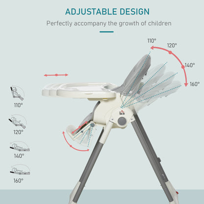 HOMCOM Foldable Baby High Chair Convertible Feeding Chair Height Adjustable with Adjustable Backrest Footrest and Removable Tray 5 Point Safety Harness for Kids 6 - 36 Months Grey 
