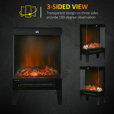 HOMCOM 180\'c2\'b0 Charming Electric Fireplace Heater, Quiet Freestanding Stove with LED Flame Effect, Level-less Temperature Control, Overheating Protection, 1000W/2000W, Black 