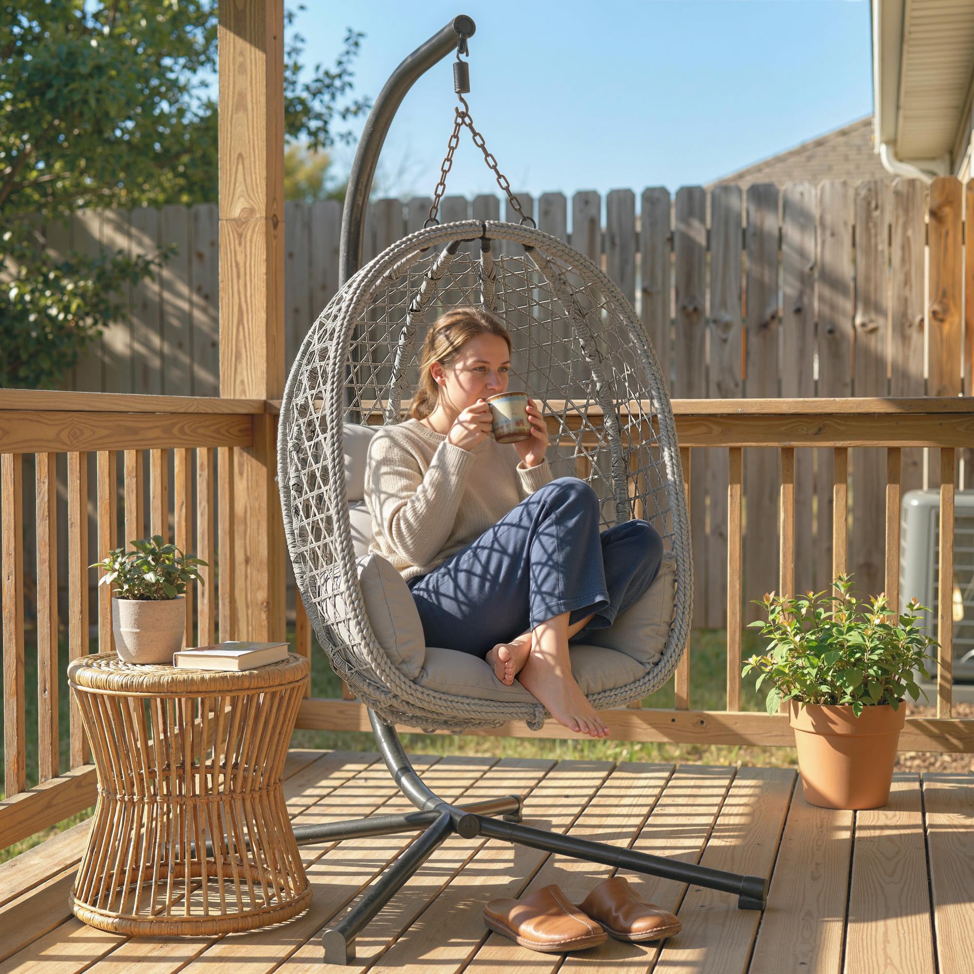 Outsunny Hanging Egg Chair, Indoor Outdoor Rattan Hammock Swing Chair with Stand, Safety Strap, Foldable Basket, Light Grey 