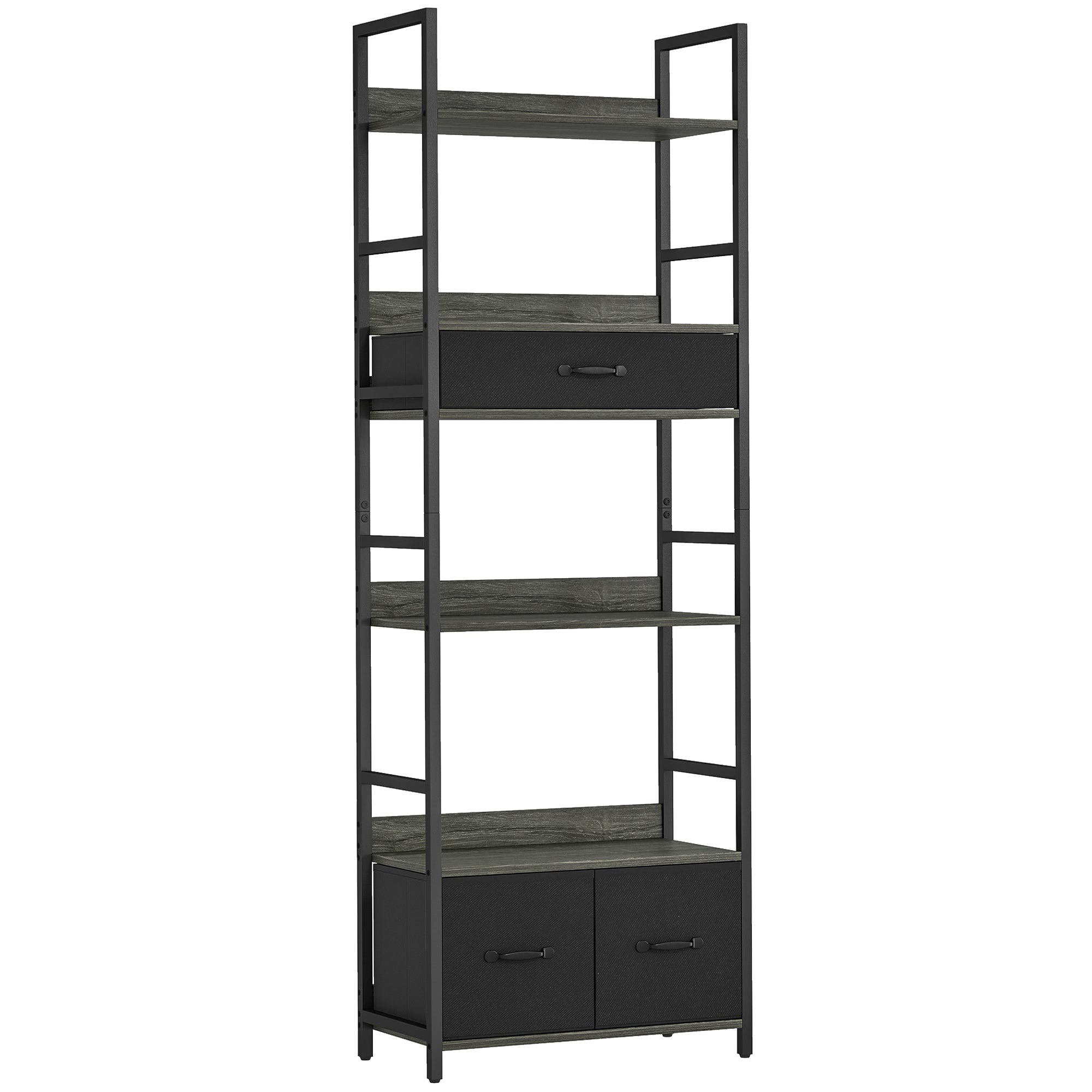 HOMCOM Industrial Style Bookcase, with 4 Shelves and 3 Fabric Drawers - Grey/Black 