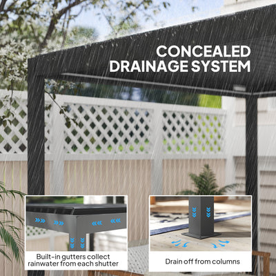 Outsunny 3 x 3(m) Electric Louvered Pergola with LED Lights, Aluminium Pergola Hardtop Gazebo with Remote, Adjustable Roof and Drainage System, Water and UV Proof 
