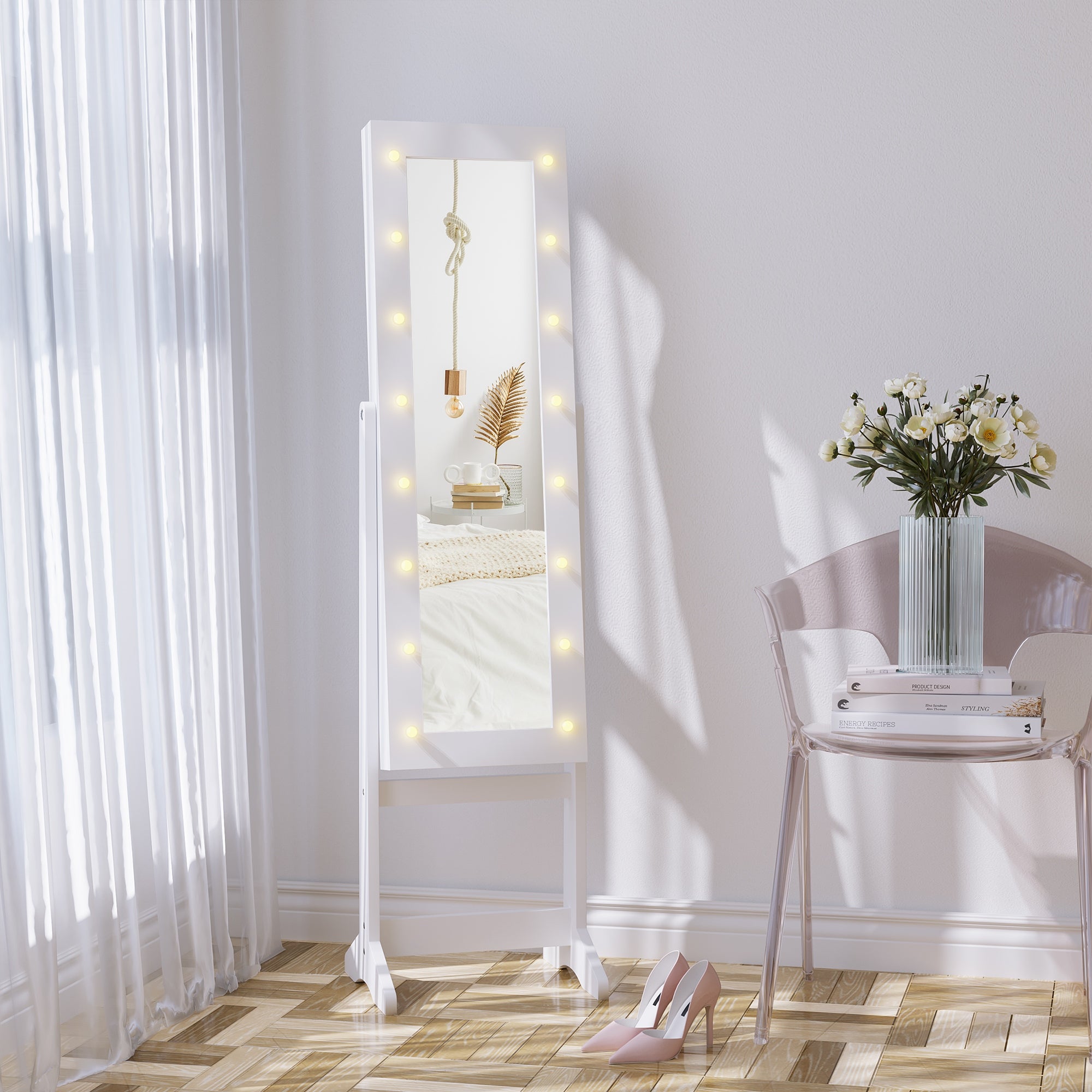 HOMCOM Free Standing LED Mirrored Jewelry Cabinet Armoire Floor Organiser W/ 3 Angle Adjustable For Rings Earrings Bracelets Cosmetics Warm White 