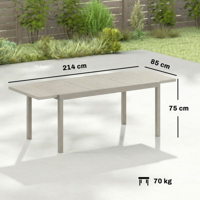 Outsunny Extending Garden Table, Aluminium Outdoor Dining Table for 8-10 with Wood-Like Grained Surface, Light Grey Wood Effect 