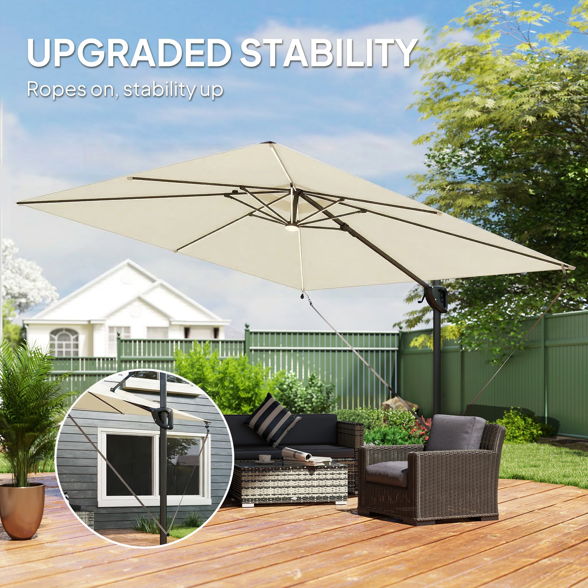 Outsunny 3 x 3 m Garden Cantilever Parasol w/ Light, Cover, UPF50+ Patio Umbrella w/ Wind Protection, 360° Rotation, Cream White 