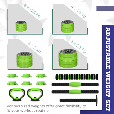 SPORTNOW 30kg Four-In-One Adjustable Weight Dumbbells Set, Barbell, Kettlebell, Push Up Stand - Green 