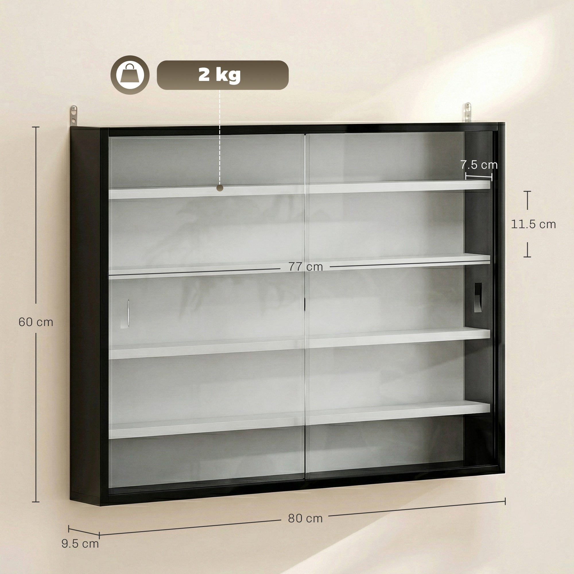 HOMCOM 5-Tier Wall Display Cabinet,  Wall Mounted Display Case w/ 4 Adjustable Shelves, Glass Doors, 60x80cm, Black and White 