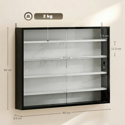 HOMCOM 5-Tier Wall Display Cabinet,  Wall Mounted Display Case w/ 4 Adjustable Shelves, Glass Doors, 60x80cm, Black and White 