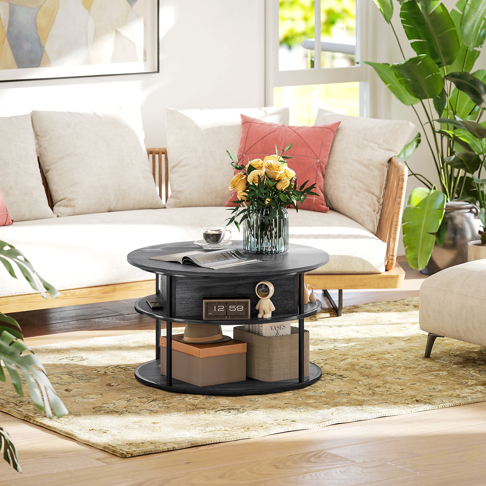 HOMCOM Lift Top Coffee Table, Round Coffee Table with Storage Shelf, Hidden Compartment and Steel Frame for Living Room, Home Office, Charcoal Grey