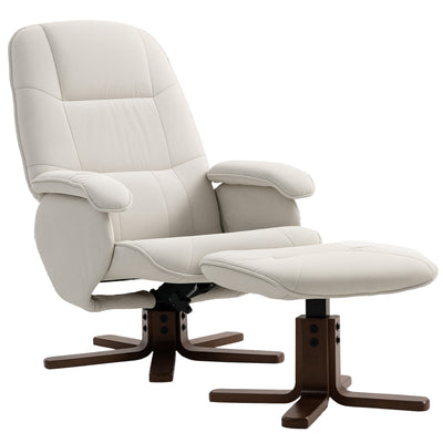 HOMCOM Linen Swivel Recliner Chair with Footstool, Upholstered Reclining Armchair with Wooden Base for Living Room, Beige 