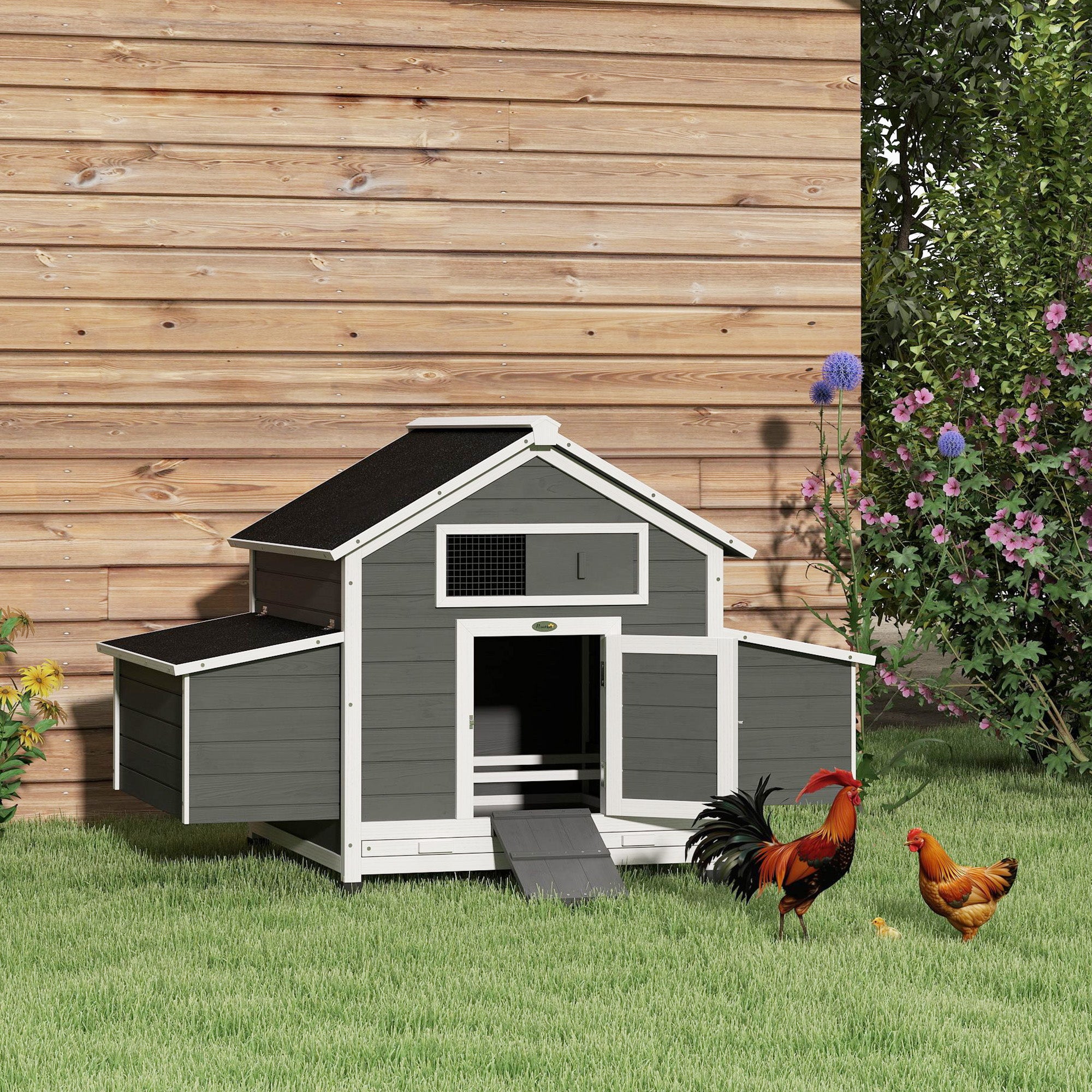 PawHut Chicken Coop, Wooden Outdoor Hen House with Nesting Box, Openable Waterproof Top, Pull-Out Tray, 150 x 100 x 97cm 