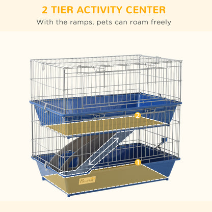 PawHut Double Tier Small Animal Cage Rabbit Chinchillas Cage w/ Ramp Food Dish Water Bottle Deep Trays Pet Home 72 x 44 x 67 cm 