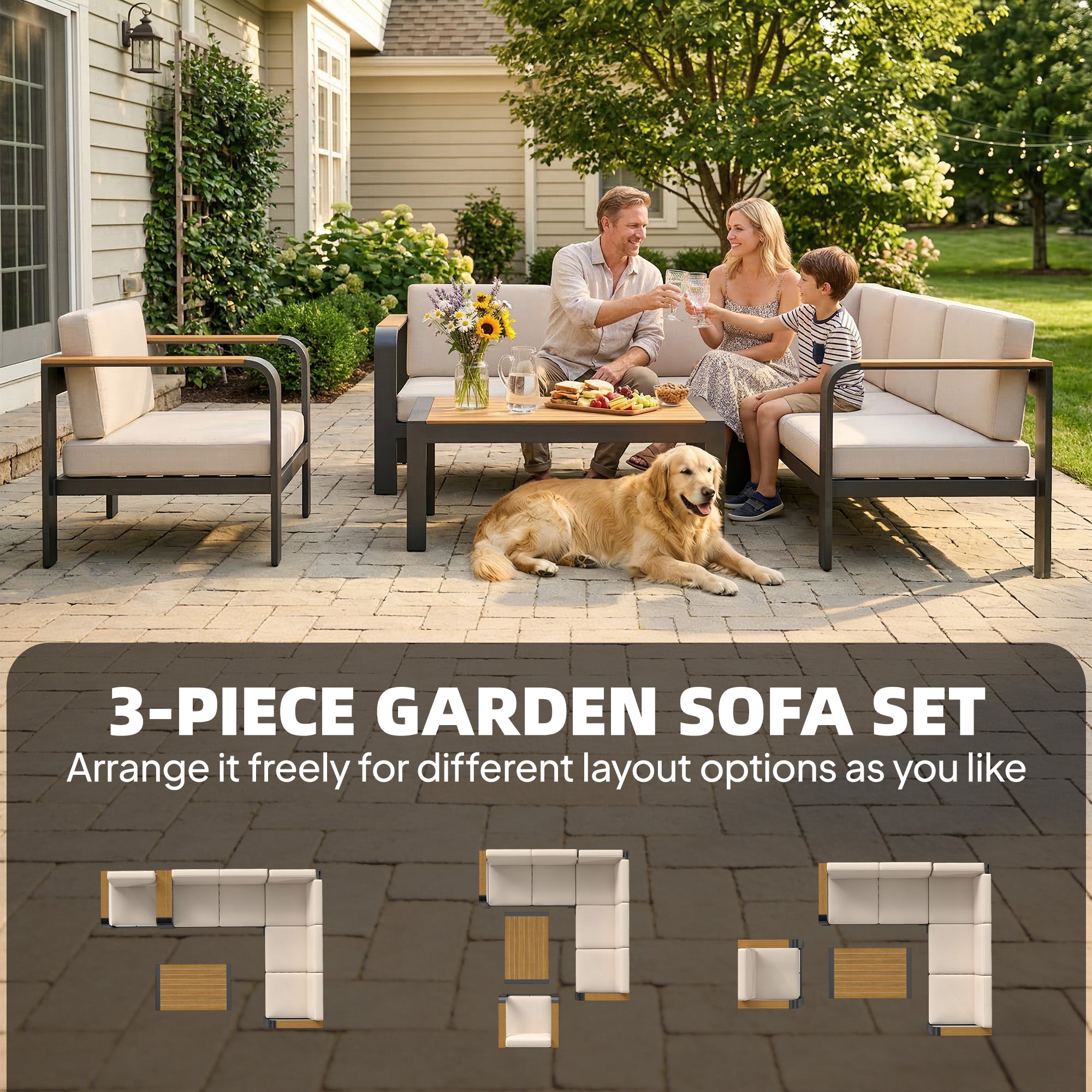 Outsunny 3 Pieces Garden Furniture Set with L-Shaped Sofa, Armchair and Coffee Table, Aluminium Garden Corner Sofa Set 