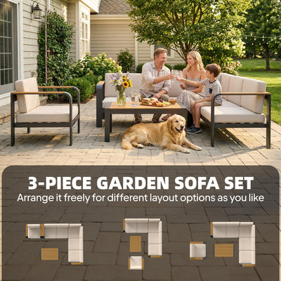 Outsunny 3 Pieces Garden Furniture Set with L-Shaped Sofa, Armchair and Coffee Table, Aluminium Garden Corner Sofa Set 