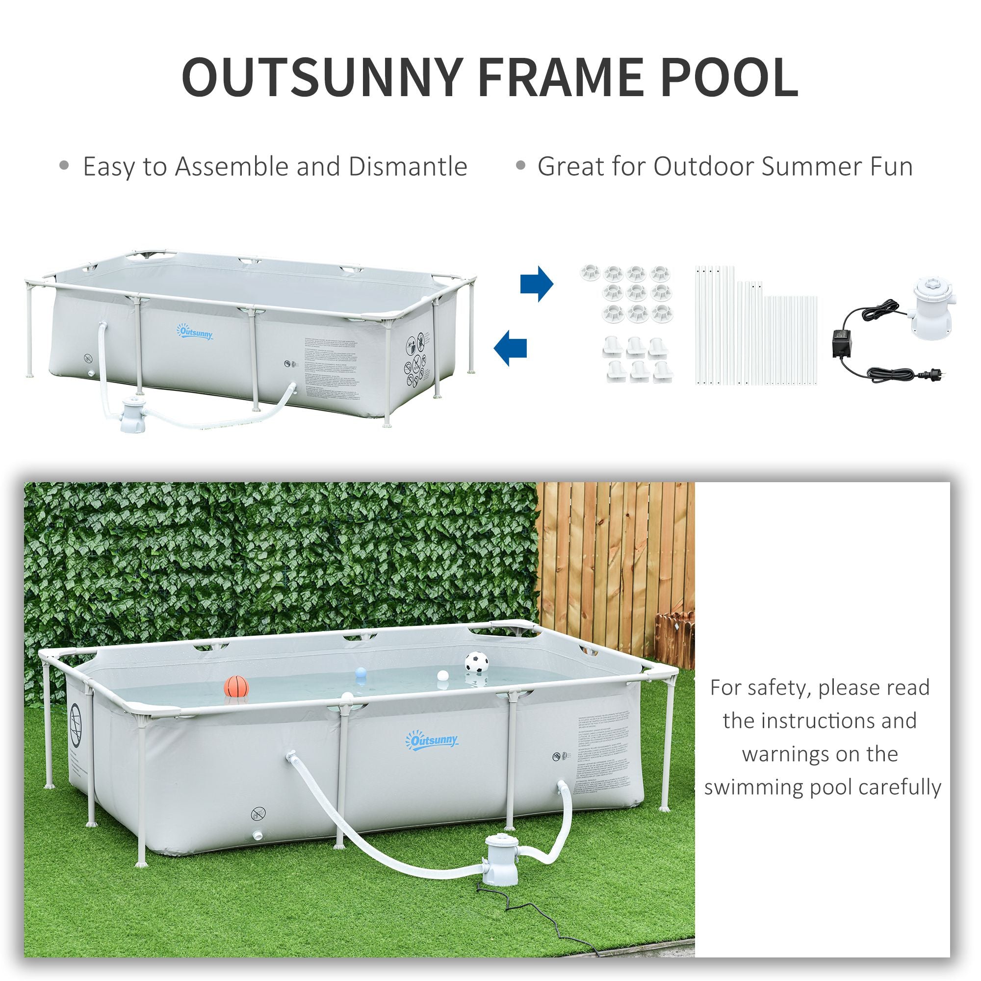 Outsunny Steel Frame Pool with Filter Pump, Filter Cartridge, Reinforced Sidewalls Rust Resistant Above Ground Swimming Pool 252 x 152 x 65cm, Grey 