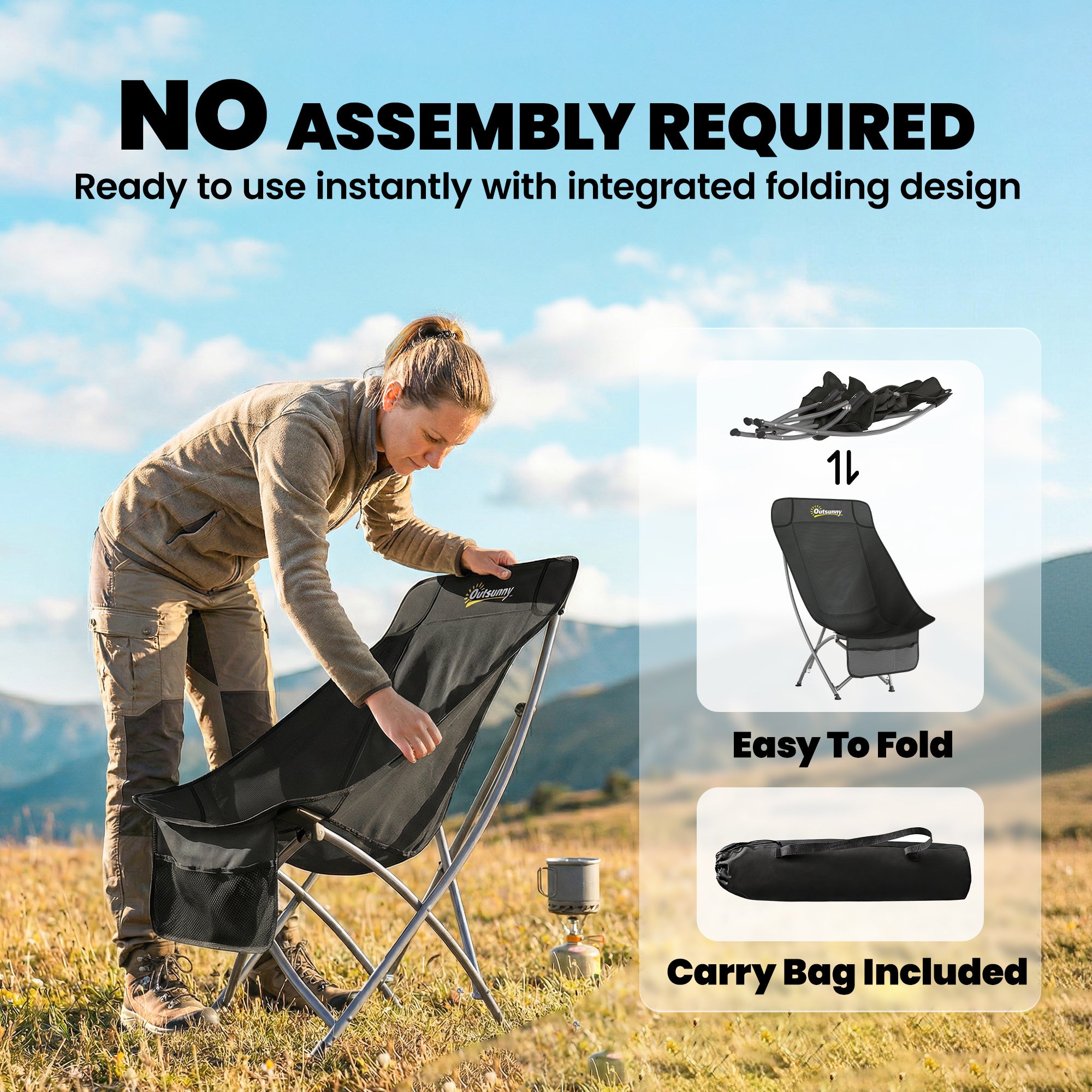 Outsunny Camping Chair for Adults Heavy Duty Folding Camp Chair with Side Pocket and Carry Bag Black 