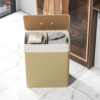 HOMCOM Double Laundry Basket with Lid, 100L Bamboo Laundry Hamper with Rope Handles, Washing Basket with Removable Liner for Bathroom, Bedroom, Cream White 