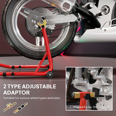 HOMCOM Motorcycle Rear Wheel Stand, 544 kg Capacity Heavy Duty Steel Motorbike Motorcycle Paddock Stand Lift with Adjustable U + L Forks, Wheels, Non-Slip Pads for Workshop Garage Repair, Red 