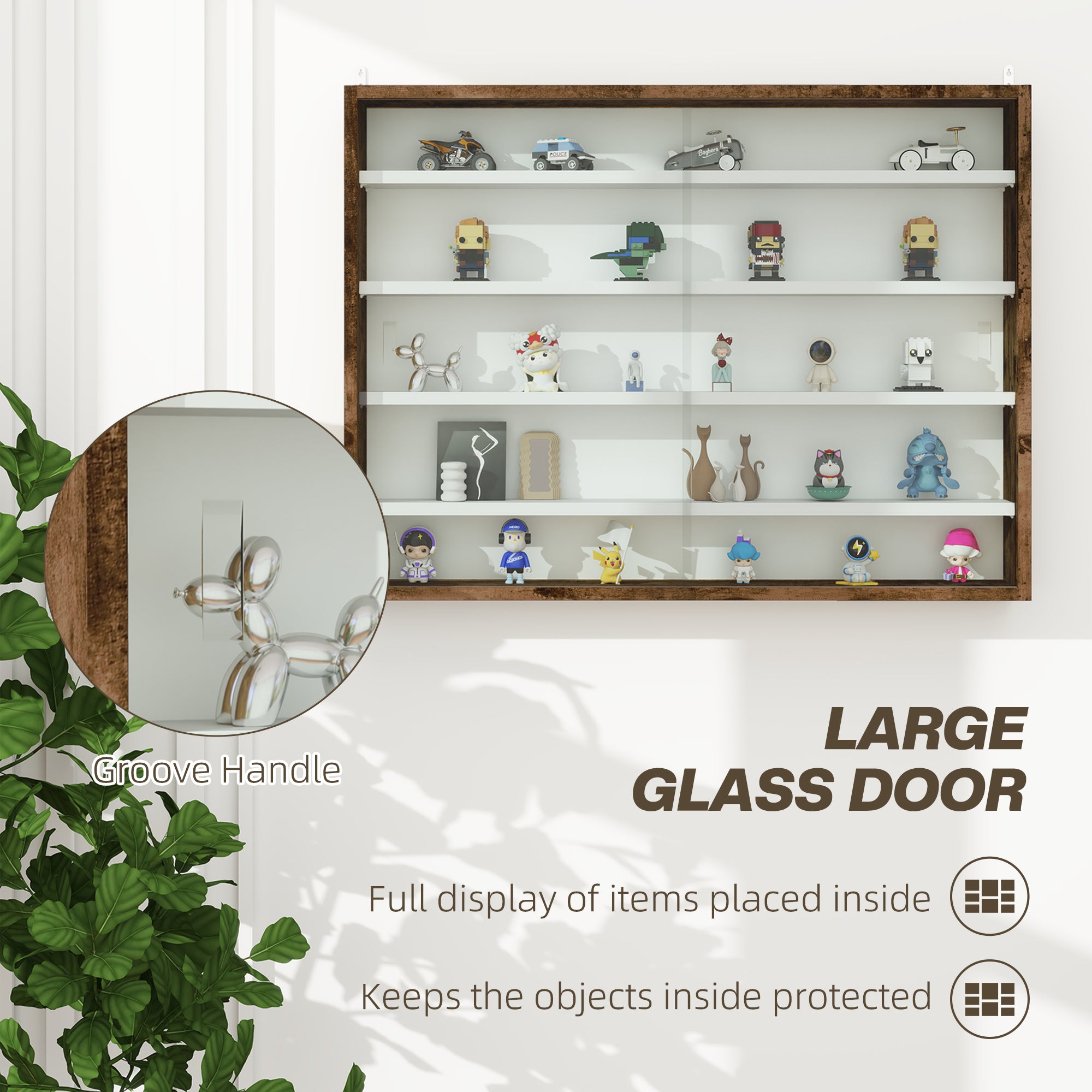 HOMCOM 5-Tier Wall Display Shelf Unit Cabinet w/ 4 Adjustable Shelves Glass Doors Home Office Ornaments 60x80cm Rustic brown 