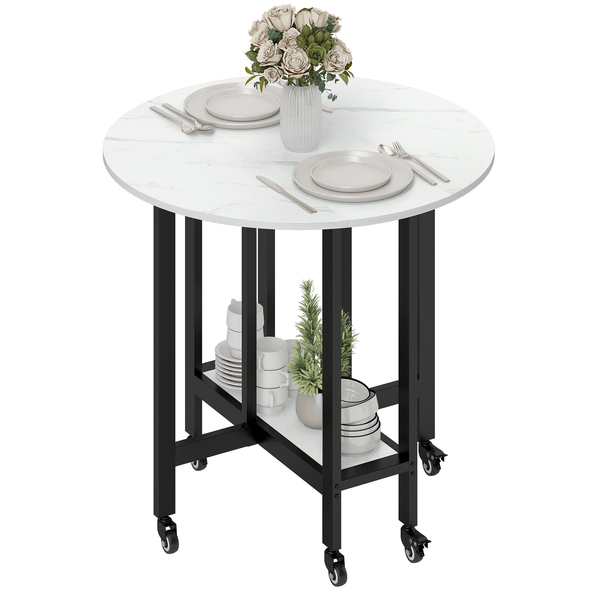 HOMCOM Folding Dining Table, Drop Leaf Table with Open Shelf, Rolling Kitchen Table for Dining Room, Small Spaces, White Marble 