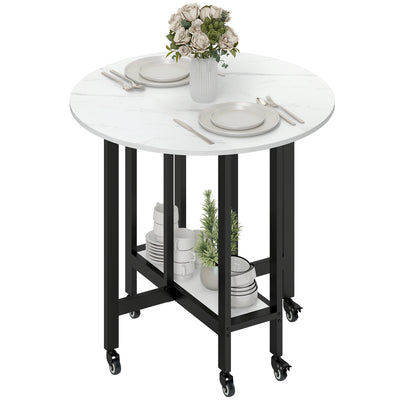 HOMCOM Folding Dining Table, Drop Leaf Table with Open Shelf, Rolling Kitchen Table for Dining Room, Small Spaces, White Marble 