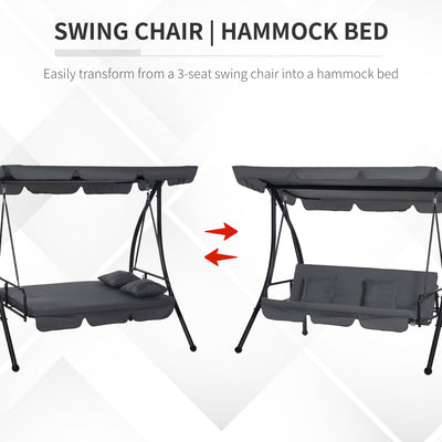 Outsunny Outdoor 2-in-1 Swing Chair Lounger 3 Seater Garden Swing Seat Bed Convertible Tilt Canopy W/ Cushion, Dark Grey 