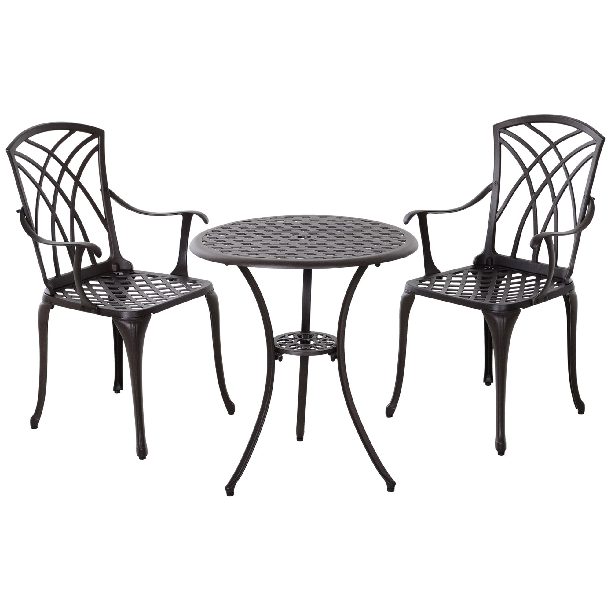 Outsunny 3 Pieces Garden Dining Set for 2, Cast Aluminium Outdoor Dining Set with 2 Armchairs and Round Dining Table with Parasol Hole, Garden Furniture Set, Brown 