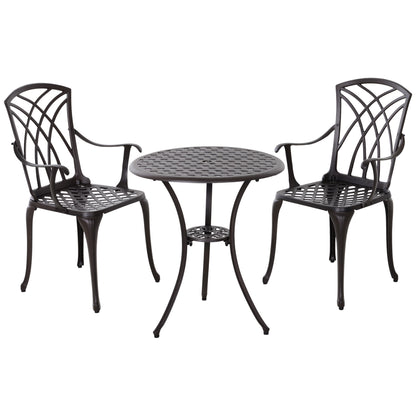 Outsunny 3 Pieces Garden Dining Set for 2, Cast Aluminium Outdoor Dining Set with 2 Armchairs and Round Dining Table with Parasol Hole, Garden Furniture Set, Brown 