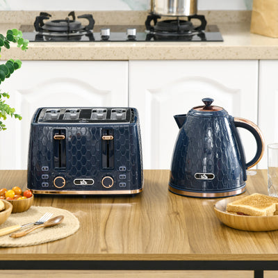 HOMCOM Kettle and Toaster Set, 1.7L 3000W Fast Boil Jug Kettle with Auto Shut Off, 4 Slice Toaster with 7 Level Browning Controls & Crumb Tray, Blue 