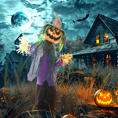 HOMCOM 3'6" Pumpkin Scarecrow Halloween Animatronic, with Glowing Eyes 