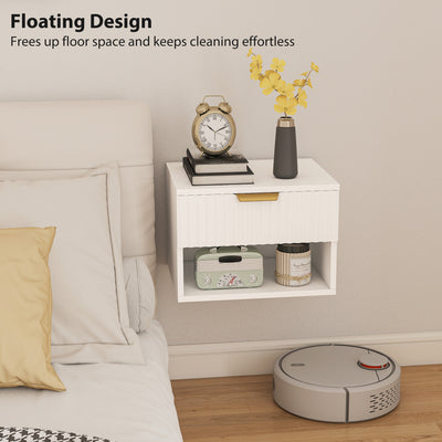 HOMCOM Floating Nightstands Set of 2, Modern Wall Mounted Bedside Tables with Fluted Drawer and Open Shelf for Bedroom, White 