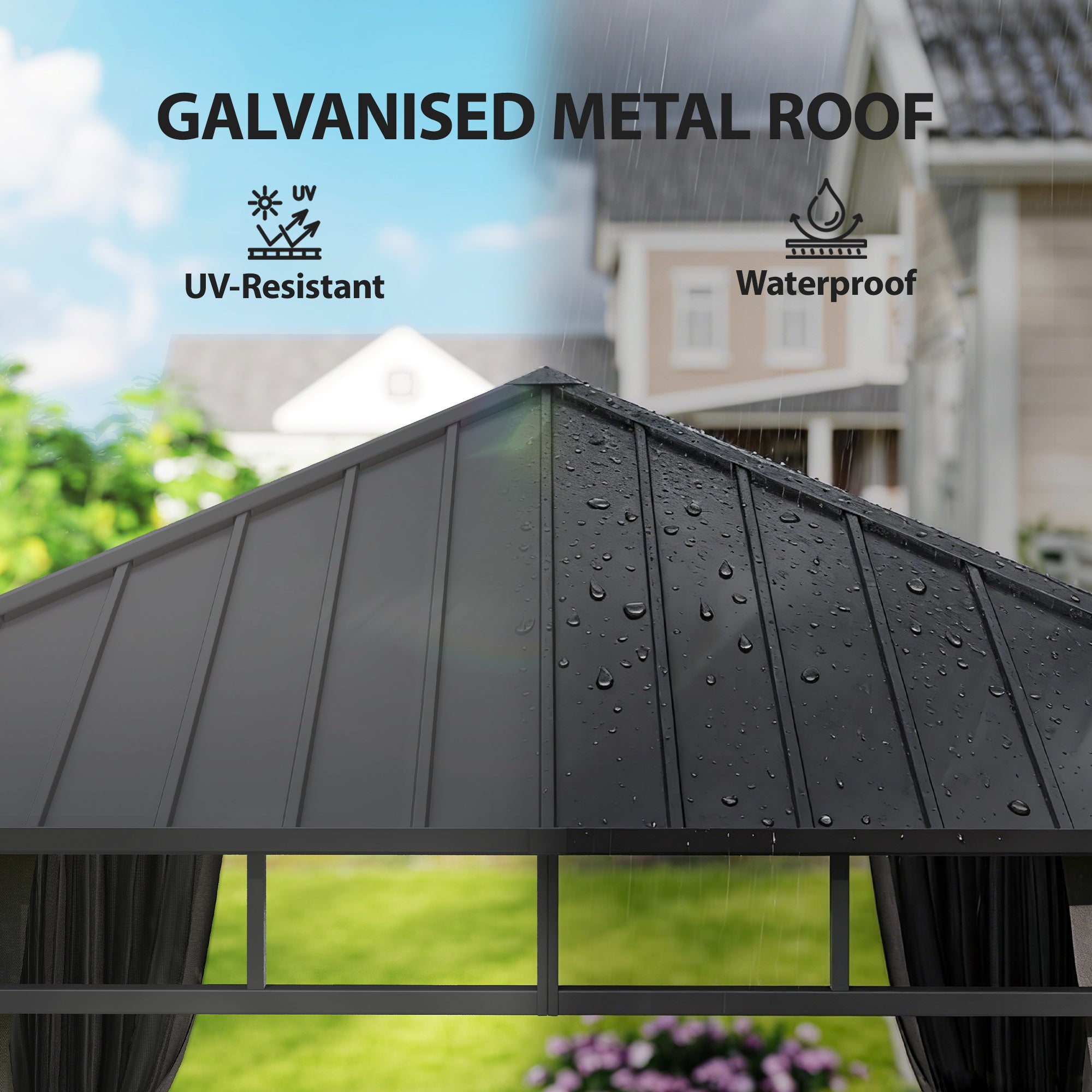 Outsunny 2.5 x 2.5 m Hardtop Gazebo with Galvanised Steel Roof, Waterproof Permanent Pavilion Garden Gazebo with Netting and Curtains for Patio, Deck, Dark Grey 