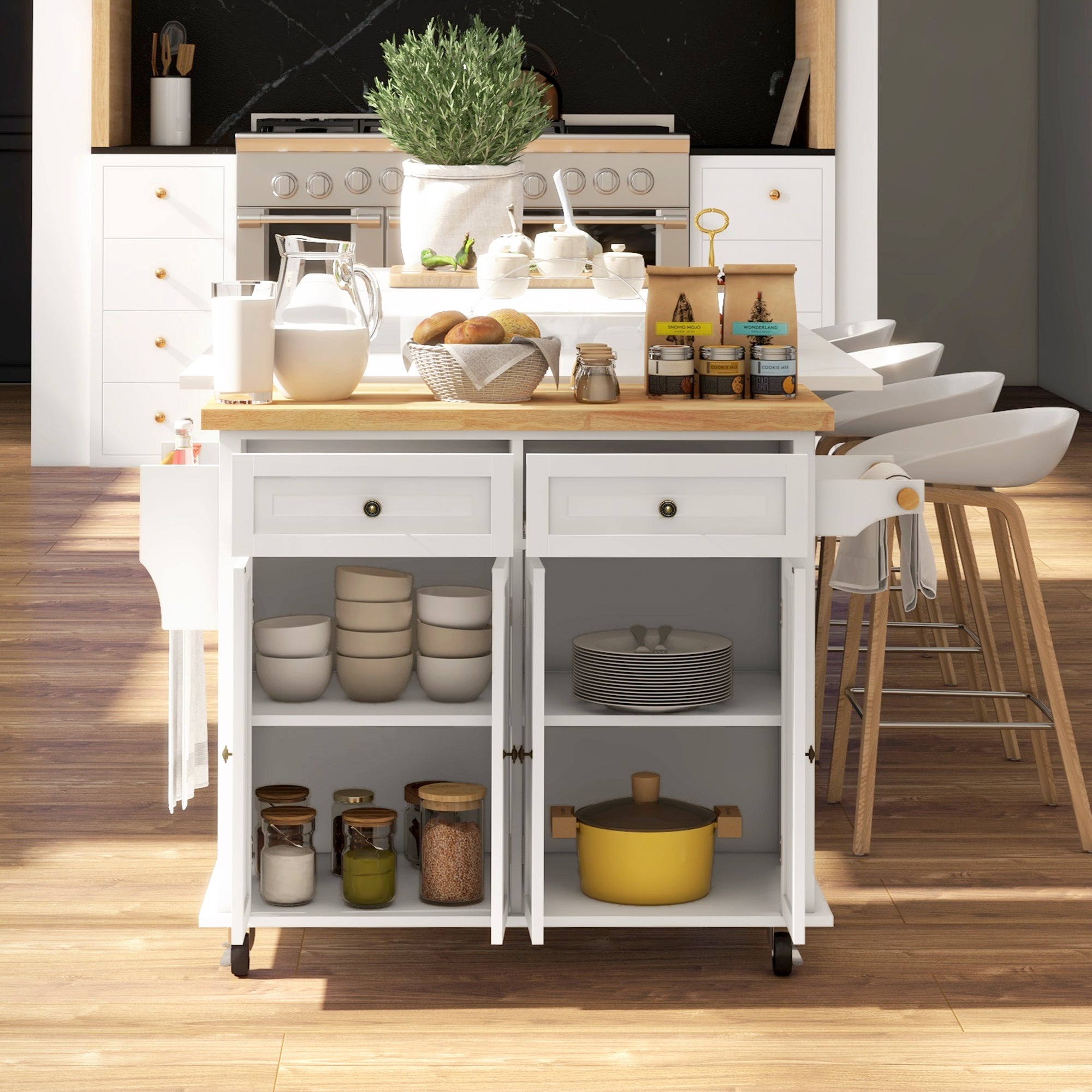 HOMCOM Rolling Kitchen Island Storage Trolley with Rubber Wood Top & Drawers for Dining Room, Cream White 