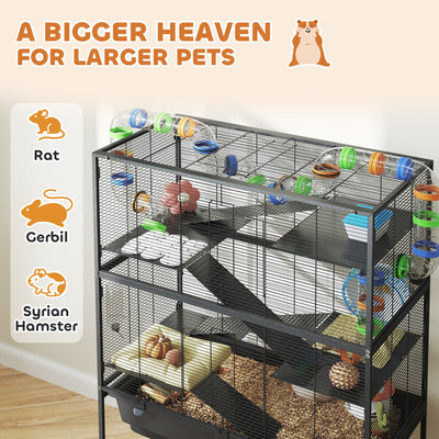 PawHut 5 Tier Large Hamster Cage on Wheels with 17 cm Deep Tray, Storage Shelf for Syrian, Gerbil, Rats 