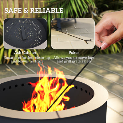 Outsunny Portable Fire Pit, 58 cm Round Firepit with Grill Grate, Fire Bowl with Ash Catcher and Poker, Fire Pit BBQ for Garden Camping Bonfire Picnic, Black 