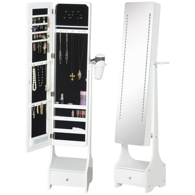 HOMCOM Jewellery Cabinet, Full Length Mirror with Storage, Free Standing Mirror with LED Lights, Hooks, Drawer and Hairdryer Holder for Bedroom, White 
