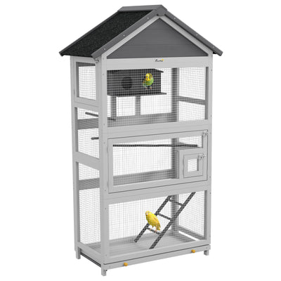 PawHut Wooden Bird Cage, with Stand, for Finches, Parakeets, Small birds - Grey 