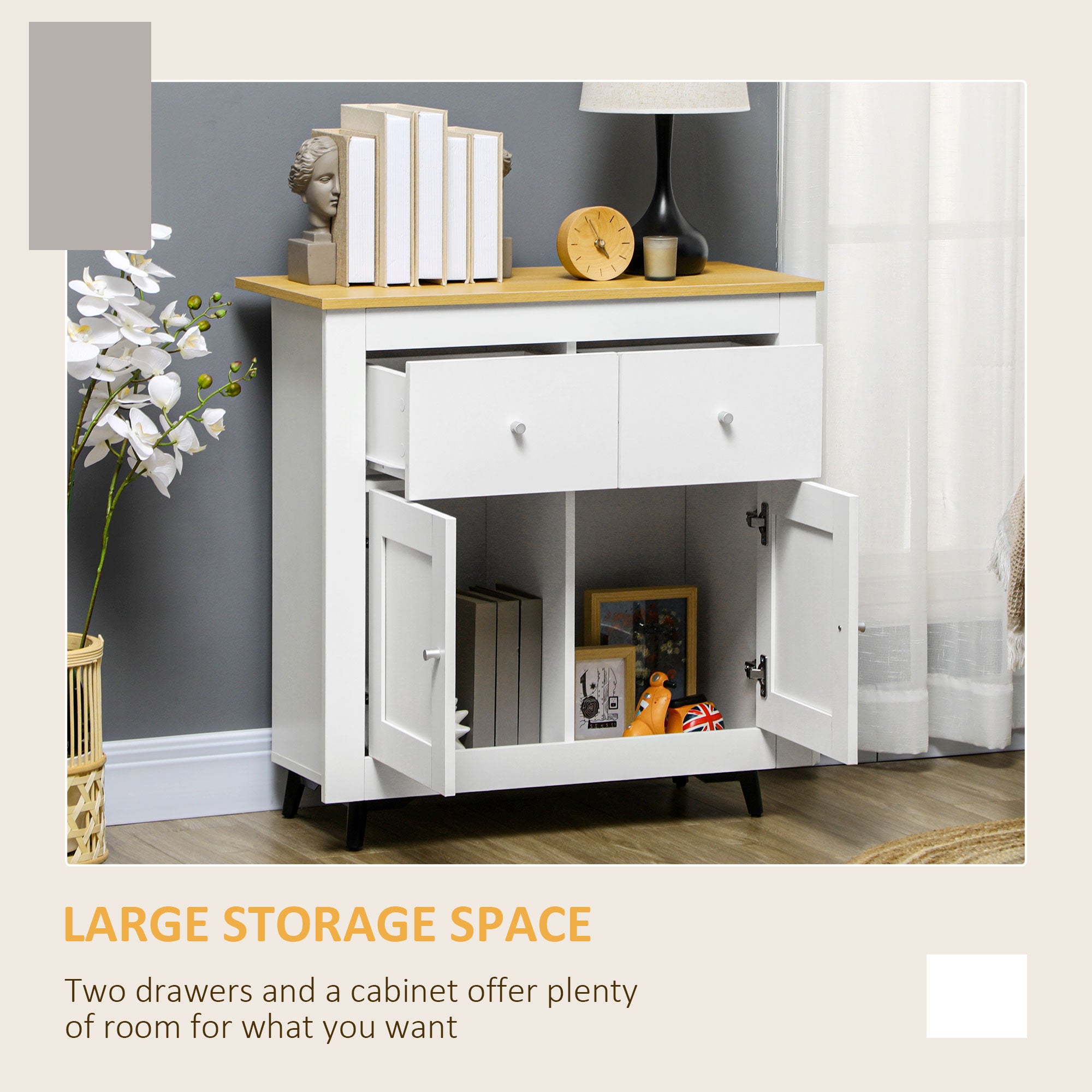 HOMCOM Sideboard Storage Cabinet, Modern Kitchen Cupboard with Double Doors and Drawers for Dining Room, Living Room and Entryway, White 