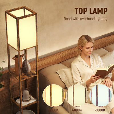 HOMCOM Floor Lamp with Shelves, 4 Layer Standing Lamp with USB Ports, 3 Colour Temperature, Rustic Brown 