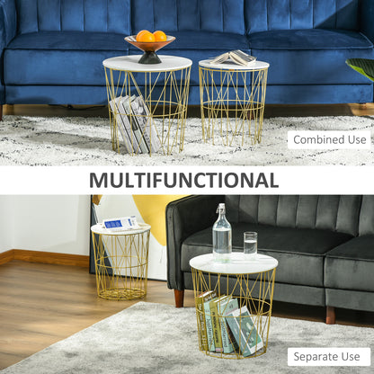 HOMCOM Set of 2 Nesting Side Tables with Storage, Round End Tables Coffee Tables with Steel Frame and Removable Round Top, for Living Room, bedroom, office, White 
