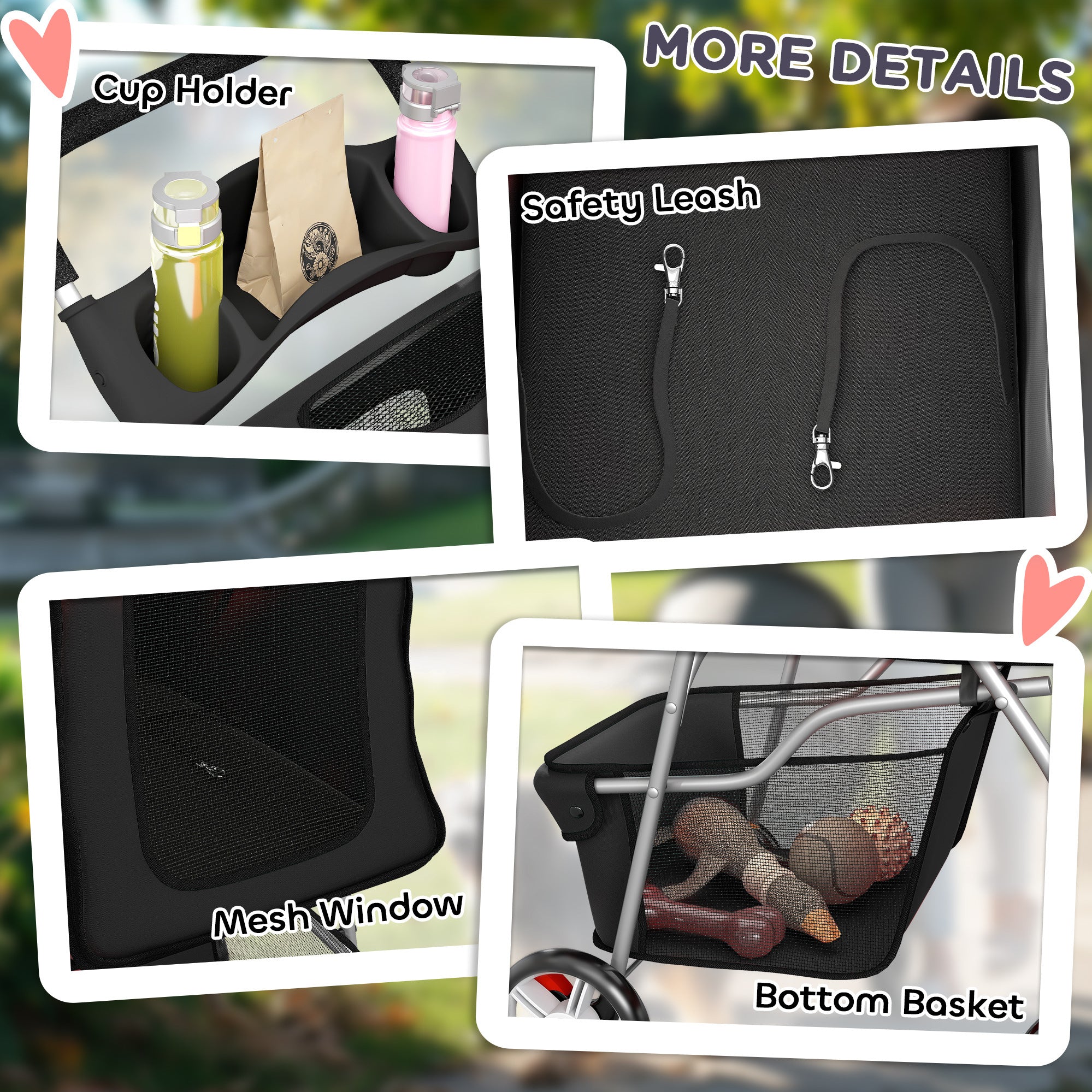 PawHut Dog Pram, Pet Stroller with Reflective Strips, Foldable Cat Stroller with 360° Swivel Wheels, Black 