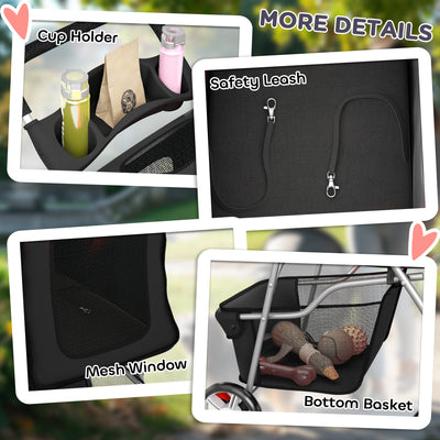 PawHut Dog Pram, Pet Stroller with Reflective Strips, Foldable Cat Stroller with 360° Swivel Wheels, Black 
