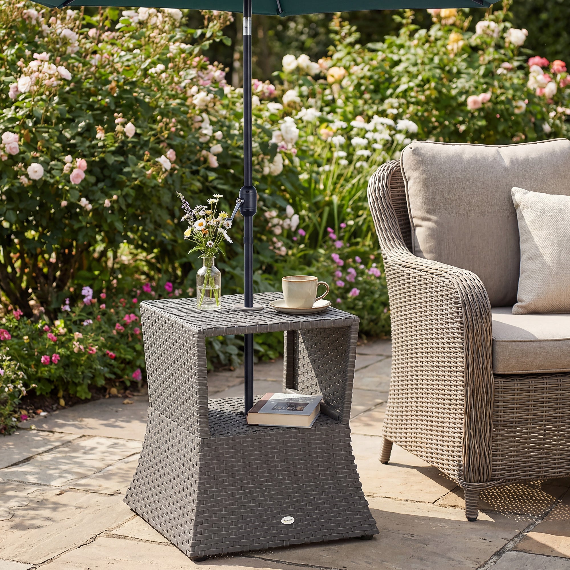 Outsunny Rattan Outdoor Coffee Table, Wicker Garden Patio Bistro Side Table with Umbrella Hole and Storage Space, Dark Grey 