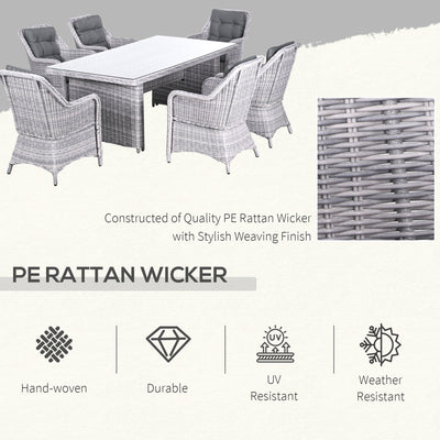 Outsunny 6 Seater Rattan Dining Set, Round PE Rattan Garden Furniture Set with Seat and Back Cushions, Aluminium Outdoor Dining Table and Chairs with 6 Armchairs, Rectangular Glass Top Table, Grey 