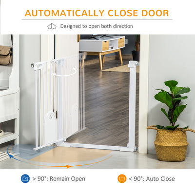 PawHut Dog Gate with Cat Flap Pet Safety Gate Barrier, Stair Pressure Fit, Auto Close, Double Locking, for Doorways, Hallways, 75-103 cm White 