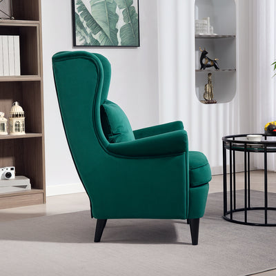 HOMCOM Modern Accent Chair, Upholstered Wingback Armchair with High Backrest and Pillow, Velvet-Feel Fabric Reading Chair with Solid Wood Legs for Living Room, Bedroom, Home Office, Dark Green 
