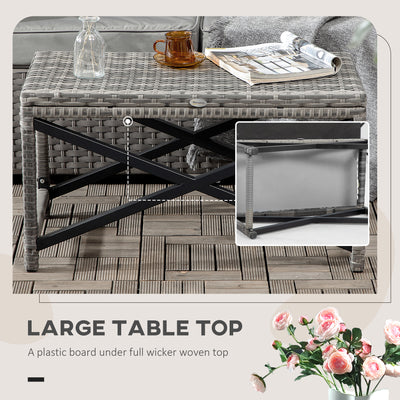 Outsunny Outdoor Coffee Table, Garden PE Rattan Side Table with Plastic Board Under the Full Woven Table Top and X-Shape Frame for Patio, Balcony, Mixed Grey 